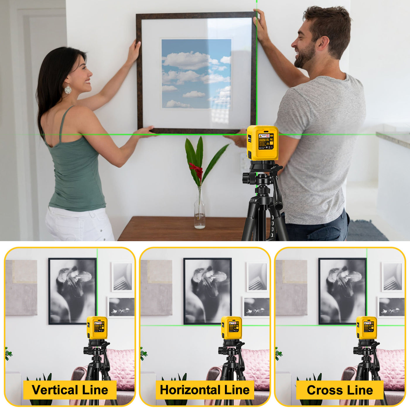 Laser Level, Rechargeable Lithium Battery Level Tool, Self-Leveling Green Cross Line Laser For Picture Hanging, Tiling, Home Renovation, Includes Folding Magnetic L-Bracket & Carry Pouch
