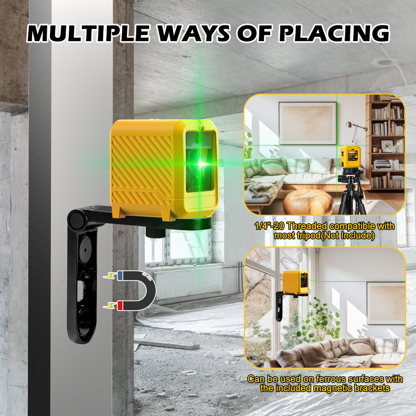 Laser Level, Rechargeable Lithium Battery Level Tool, Self-Leveling Green Cross Line Laser For Picture Hanging, Tiling, Home Renovation, Includes Folding Magnetic L-Bracket & Carry Pouch