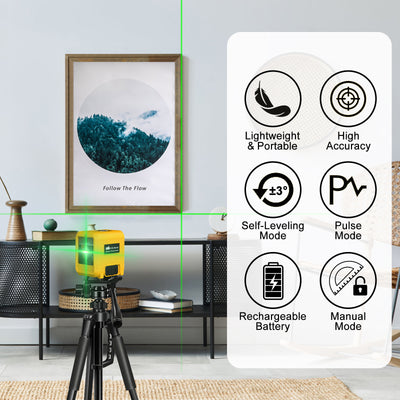 Laser Level, Rechargeable Lithium Battery Level Tool, Self-Leveling Green Cross Line Laser For Picture Hanging, Tiling, Home Renovation, Includes Folding Magnetic L-Bracket & Carry Pouch