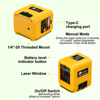 Laser Level, Rechargeable Lithium Battery Level Tool, Self-Leveling Green Cross Line Laser For Picture Hanging, Tiling, Home Renovation, Includes Folding Magnetic L-Bracket & Carry Pouch